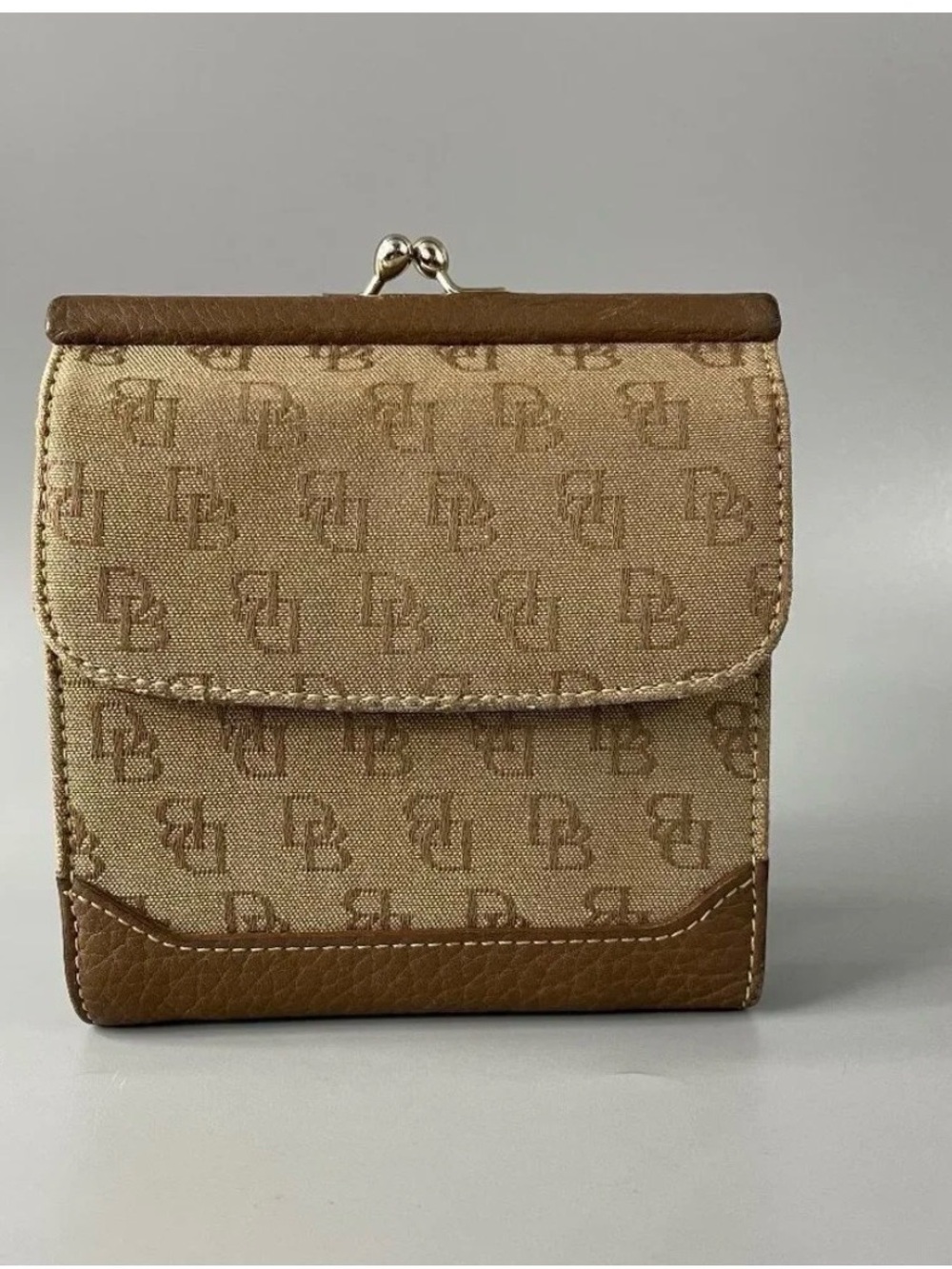 Vintage Dooney & Bourke DB Monogram Tan Canvas and Brown Leather Wallet